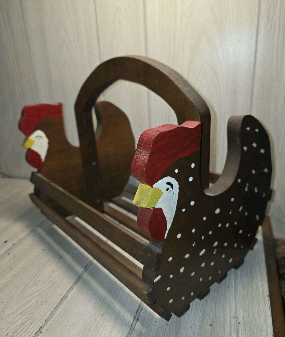 Vtg Hand Painted Folk Art Chicken Storage Basket Table Decor Farmhouse Country